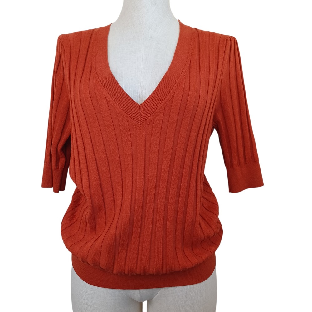 Anthropologie Ribbed V Neck 3/4 Sleeve Sweater Rust Orange Size M